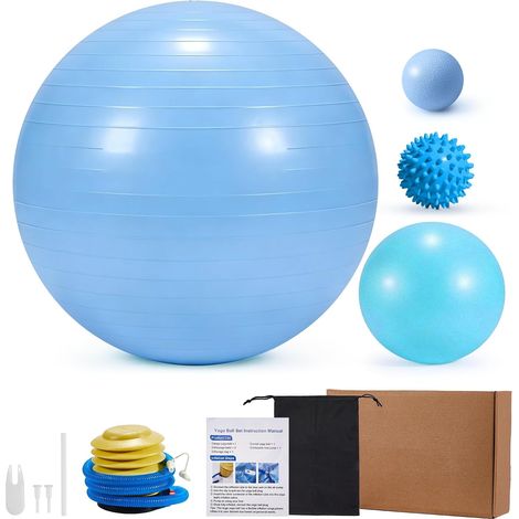 Lot de 4 Ballons d'exercice, Comprenant Un Grand Balle, Un Ballon de Pilates de 23 cm, Un Balle de Massage, Un Ballon à Picots et Une Pompe (1/5)