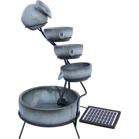 Monster-Shop – Fontaine de jardin en résine gris – Solaire 4 niveaux avec batterie 6h – Câble 7m pour panneau solaire inclus – Décoration extérieure