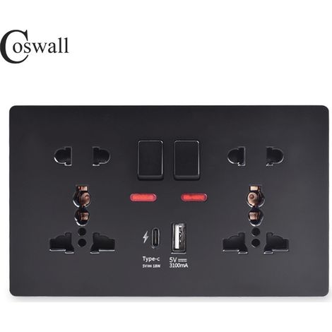 146PC 13A Switched Socket with Outboard Rockers and Dual USB (A+C) 5V,Multifunctional 5-hole Fast Charging Socket,Black (1/3)