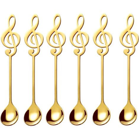 Lot de 6 cuillères décoratives en forme de note de musique, acier inoxydable doré