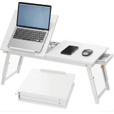 Table de lit pliable et réglable, plateau de lit pour ordinateur portable en bambou plateau inclinable 83,5x33x34cm blanc (1/5)
