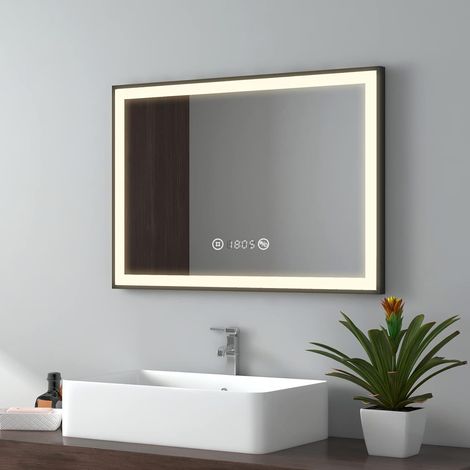 EMKE Espejo de baño con luz, luz neutra, espejo baño con borde negro, interruptor táctil, antivaho, reloj, pantalla de temperatura, regulable, función de memoria, 70 x 50 cm (1/5)