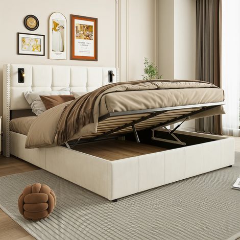Lit coffre 140x200 cm, Lit double capitonné avec sommier, liseuses intelligentes et station de charge USB/Type-C, Velours, Beige