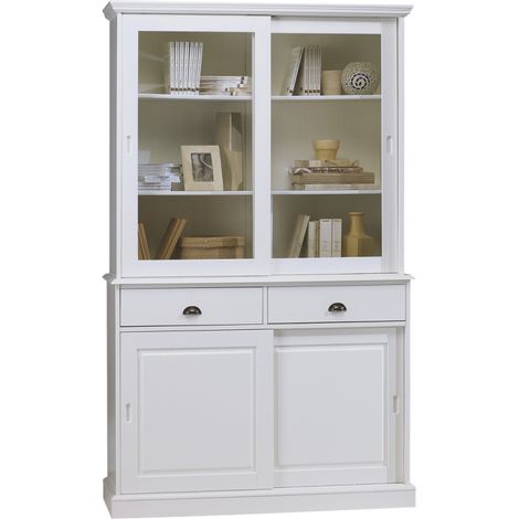 Vaisselier Blanc 4 Portes Coulissantes 2 Tiroirs 5 Niches L 121 H 198.8 P 42.3 cm