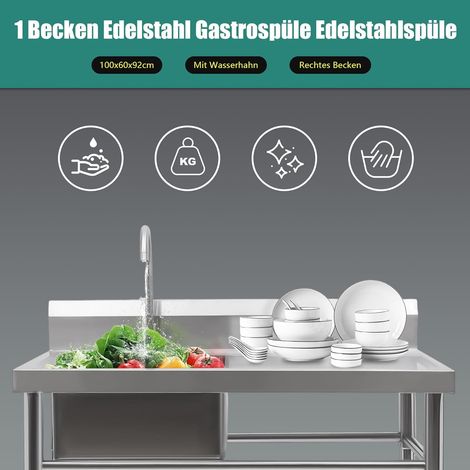 Edelstahl Küchenspüle Spültisch 1 Becken Rechts Gastrospüle Waschtisch Multifunktionswaschtisch Edelstahl Waschtisch Spülbecken Spüle Spültisch 100x60cm