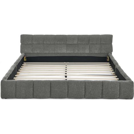 Cama doble 160 x 200 cm en chenilla gris oscuro, estructura de madera de eucalipto y hierro (1/5)