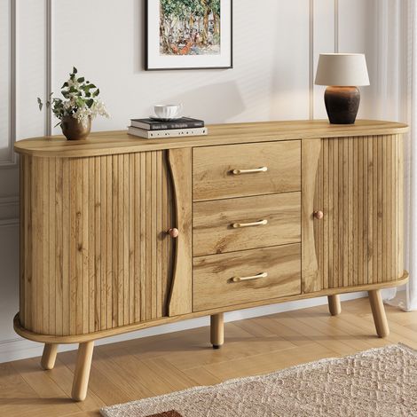 Buffet bois foncé cannelé, 2 portes coulissantes + 3 tiroirs + pieds bois massif, style scandinave moderne