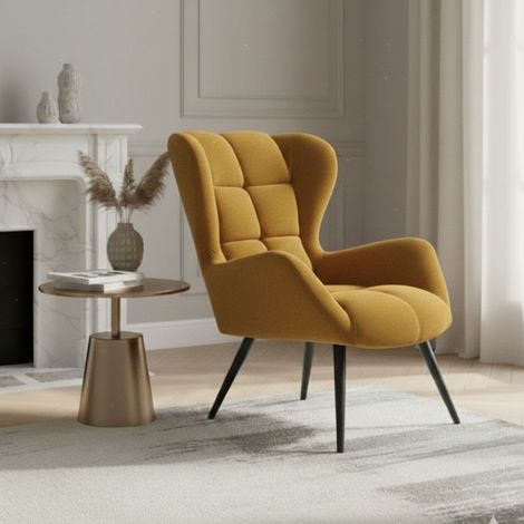 Fauteuil contemporain en velours jaune moutarde GLASGOW (1/5)