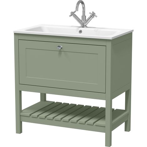 Coppenhall Contemporary 1 Drawer Floor Standing Vanity Unit with Stone Basin, Fern Green, 800mm