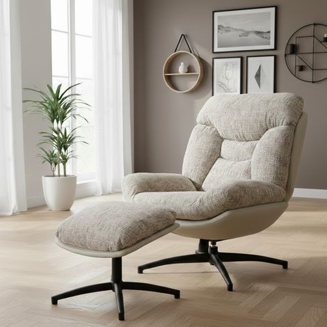Fauteuil pivotant design tissu beige avec repose pied Blaise (1/5)