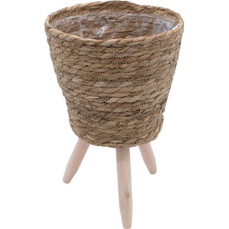 Blumenständer aus Stroh innen mit Folie - 40 x 26 cm - Rattan Pflanzenständer mit 3 Holz Beinen - Deko Blumentopf Pflanztopf mit Füßen für Zimmerpflanzen