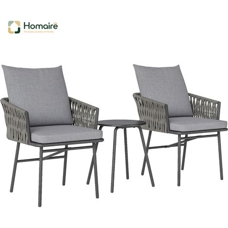 HOMAIRE Set de bistrot en rotin avec 2 chaises, table basse et coussins amovibles pour jardin et terrasse, en acier, gris