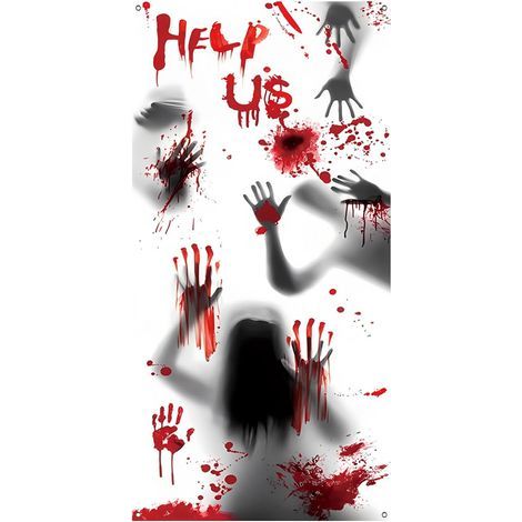 CCYKXA Halloween Door Curtain with Eyelet 90 x 180 cm Bloody Door Cover Polyester Fabric Curtain with Ribbon Help Us Halloween Party Decoration