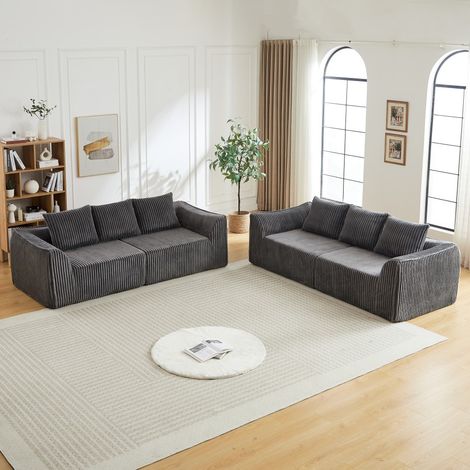 Divano lineare a 6 posti - Divano modulare in velluto a coste in stile minimalista per salotto, da montare, con 6 cuscini - Grigio (1/5)