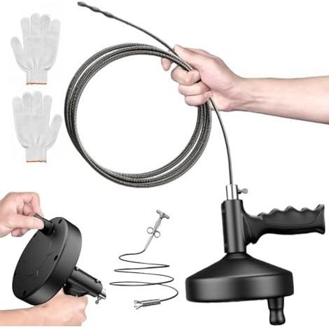 Spirale de nettoyage canalisations 10 m, avec adaptateur perceuse et gants, kit déboucheur flexible, spirale professionnelle pour tuyaux d'égout bouchés, réutilisable - (1/5)