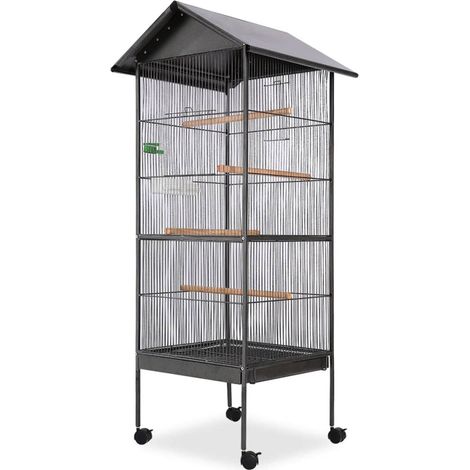 Vogelkäfig mit Dach Stahl Schwarz 66x66x155 cm