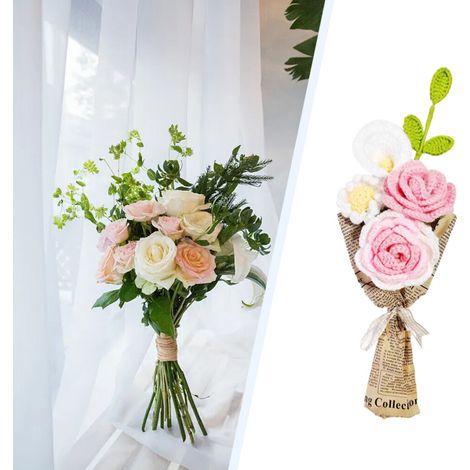 Ramo tejido a mano a crochet, perfecto para la decoración del hogar, rosas artificiales de 38 cm, girasoles, margaritas, flores de punto rosa, ideal para arreglos florales.