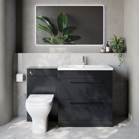 Napoli 460 Gloss Grey 1300mm 2 Drawer Vanity Unit Toilet Suite with Glide Basin - 1300mm - Chrome 480mm HandleWith Kingston Toilet Pan and Seat