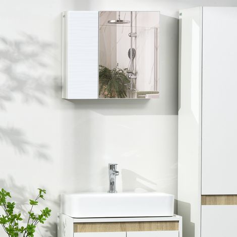 Armoire de salle de bain en panneaux de particules et verre avec miroir, 4 étagères réglables et fixation murale. 48 x 15 x 45 cm. Blanc.