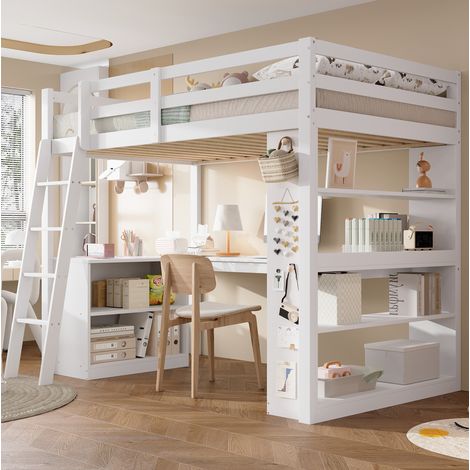 Lit enfant 90x200 avec étagère et échelle blanche HAVRYA (1/5)