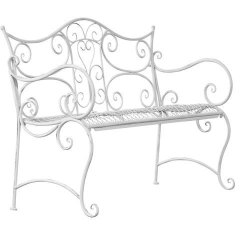 Banc de jardin avec accoudoirs design rustique largeur 113 cm en métal blanc vieilli 100002944 (1/5)