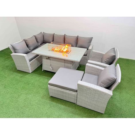 Fimous Rattan Corner Sofa Chair Set Outdoor Furniture Garden Dining Sets Gas Fire Pit Table with Temper Glass Footstools Light Grey Mixed (1/5)