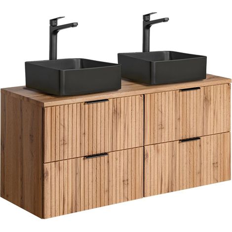 Badmöbel Waschtisch mit 120 cm Unterschrank Set Wotaneiche gerillt, Keramik-Waschbecken schwarz, 4 Softclose-Schubkästen, B/H/T 120,6/72,2/46,5 cm (1/5)