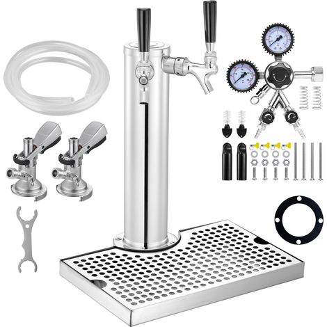Kit de tirage bière double robinet en inox, détendeur W21.8 à deux manomètres, tête type A et bac égouttoir (1/5)