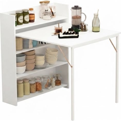 ELVMI Tavolo da Pranzo Pieghevole con 3 Ripiani e Sistema Antiribaltamento per Cucina in Legno Bianco (1/5)