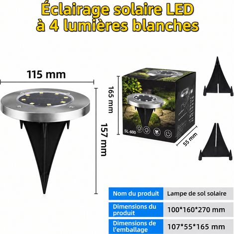 Spot solaire LED encastrable 4 LED lumière blanche pour jardin et allée 4led réf 2259 11,7 × 5,5 × 15 cm 250 g – Livraison gratuite