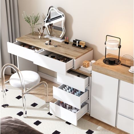 MEUBLIV Coiffeuse blanche et chêne avec 5 tiroirs et miroir (1/5)