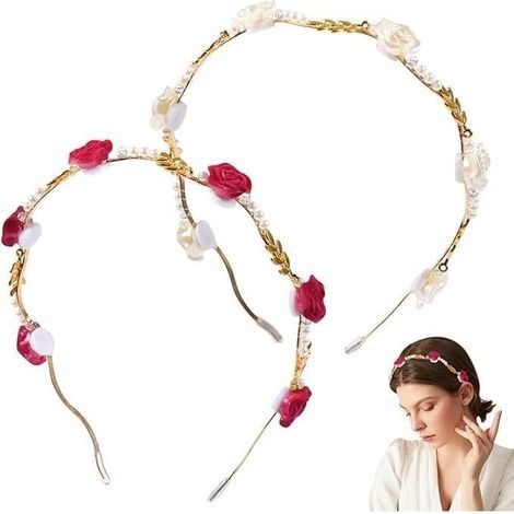 Headband - Unspecified - 2 pcs - Gold-tone Metal - Pearls - Roses (1/4)
