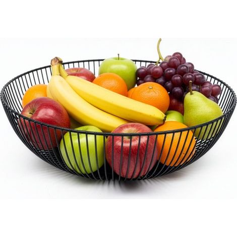 Corbeille à fruits en métal, panier rond, H x D : 8 x 28 cm, moderne, noir (1/5)