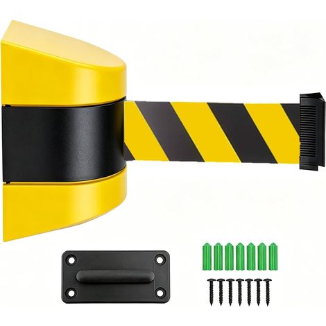 Bande de barrière extensible de 5 m, montage mural sans perçage, boîtier auto-enroulable en ABS, jaune et noir, bande de sécurité pour parking, entrepôt, allée, file d'attente (jaune et noir) (1/5)