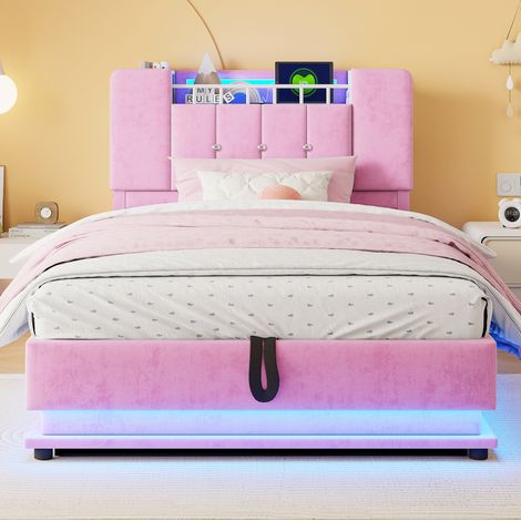 Lit coffre enfant 90 x 200 cm avec LED, USB et rangement hydraulique, velours rose, REDOM (1/5)