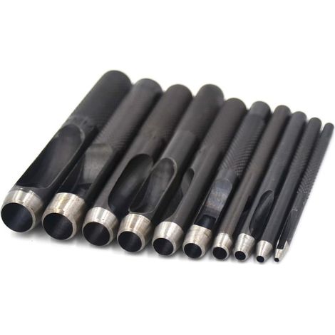 Lot de 10 ciseaux à cuir ronds en acier au carbone, poinçons creux de 1 à 10 mm pour ceintures en cuir et outils de scellage (1/4)