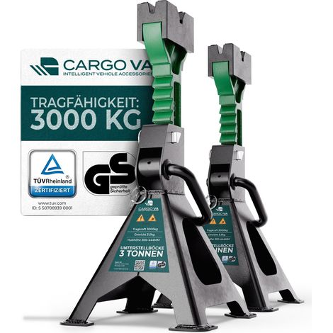 CargoVA Chandelles Auto 3T [Lot de 2] avec Tampon Caoutchouc – Certifiées TÜV GS & Réglables en Hauteur (300-444mm) – Chandelles de Levage 3000kg avec Double Sécurité – Béquilles pour Voiture & SUV