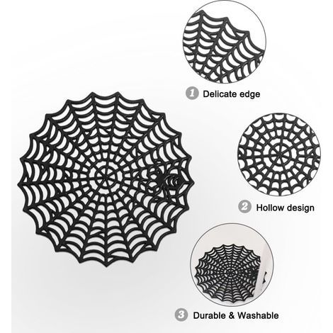 Set mit 6 hohlen PVC-Untersetzern, Tassenuntersetzern, Tischdekorationen (schwarzes Spinnennetz) (1/5)