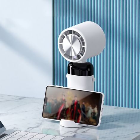Ventilateur de table portable avec cou et angle réglable à 90°, batterie 3600 mAh, 3 vitesses, base servant de support pour téléphone et d'indicateur de batterie. (1/2)