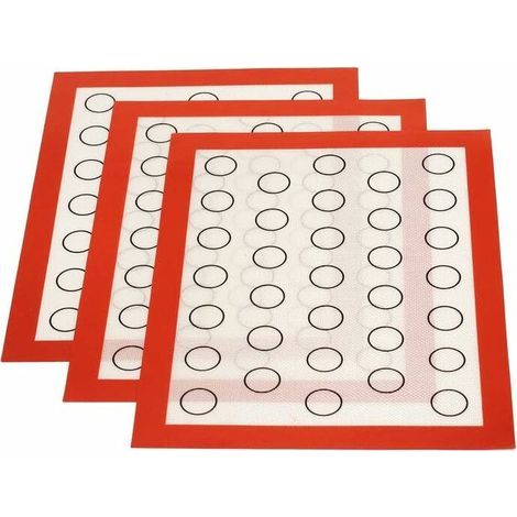 Tapis de Cuisson Silicone Set de 3 Feuille Réutilisable Anti-Adhérent Feuille de Cuisson Patisserie Pétrissage Pâte Tapis de Four pour Macaron Biscuit Pâte, 42x29.5cm rouge (1/5)
