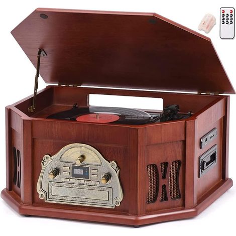 10-in-1 Wood Classic Turntable Stereo System with Bluetooth Connection, Vinyl Record Player, AM/FM, CD, Cassette, USB, SD Slot. 2 Built-in Speakers, Remote Control, MP3 Player (1/5)