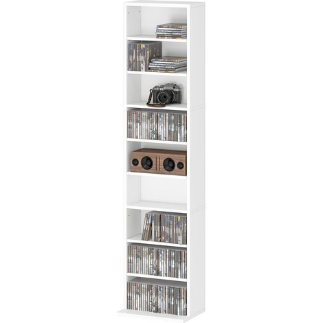 Étagère CD DVD 260 disques étagères ajustables design étroit système antivuelco blanc 33x24x140 cm