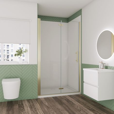 Falttür Scharniertur 100x195cm,6mm NANO ESG Klarglas,Faltbare Duschkabine,Matt-Gold Rahmen & Griff,Nischentür Dusche Pendeltur Duschabtrennung Duschwand (1/5)