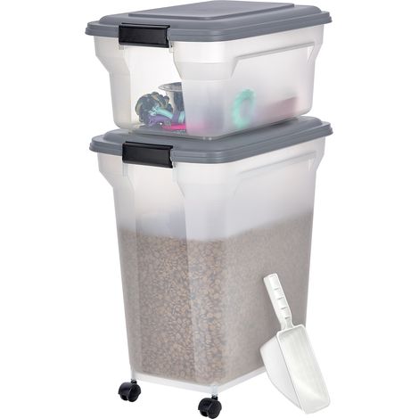 Iris Ohyama, 2 Dosen Trockenfutter 20 und 45L für 7,5 und 15 kg, Luftdicht, mit Schaufel und Rädern, für Hunde und Katzen, ATS-C, Grey