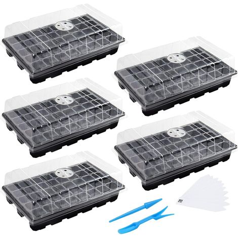 Mini Serre pour Semis,Lot de 5 Bac à Semis,200 Cellules Plateau de Semis avec étiquettes Plantes, Humidité Réglable Propagation de Semis pour Jardin, Noir (1/5)