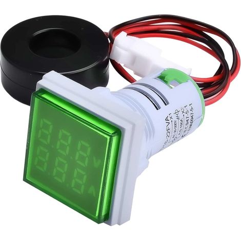 Testeur de tension de courant alternatif 22 mm, voyant LED Affichage numérique Voltmètre Ampèremètre Fréquencemètre Multimètre Panneau AC 60-500 V 0-100 A 0-99 Hz, Mini carré (Vert) (1/5)