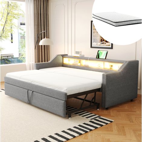 Divano letto 90/180 x 190 cm grigio chiaro in tessuto con letto estraibile (1/5)