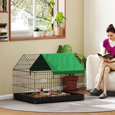 Cage Petits Animaux Portes Parc Auvent Base Compagnie Tissu Noir Vert 90x75x75cm