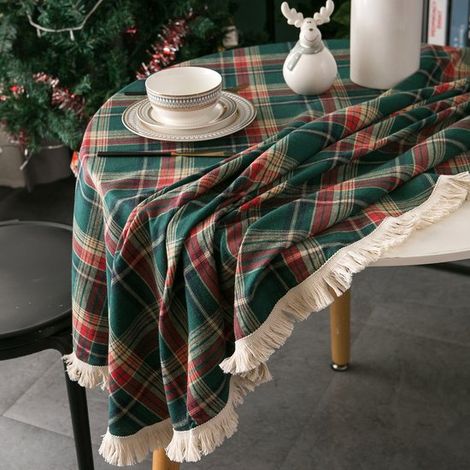 Mantel redondo a cuadros，9090cm，Mantel redondo vintage，Decoración para fiestas，Decoración festiva para bodas，Mantel redondo con borlas，Verde (1/4)
