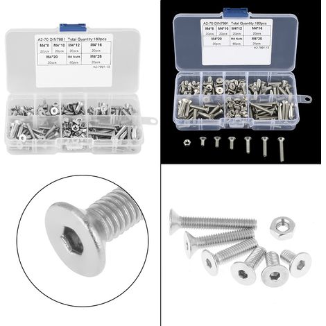 Kit de 180 vis et écrous à tête plate M4 en acier inoxydable 304, avec boîte.